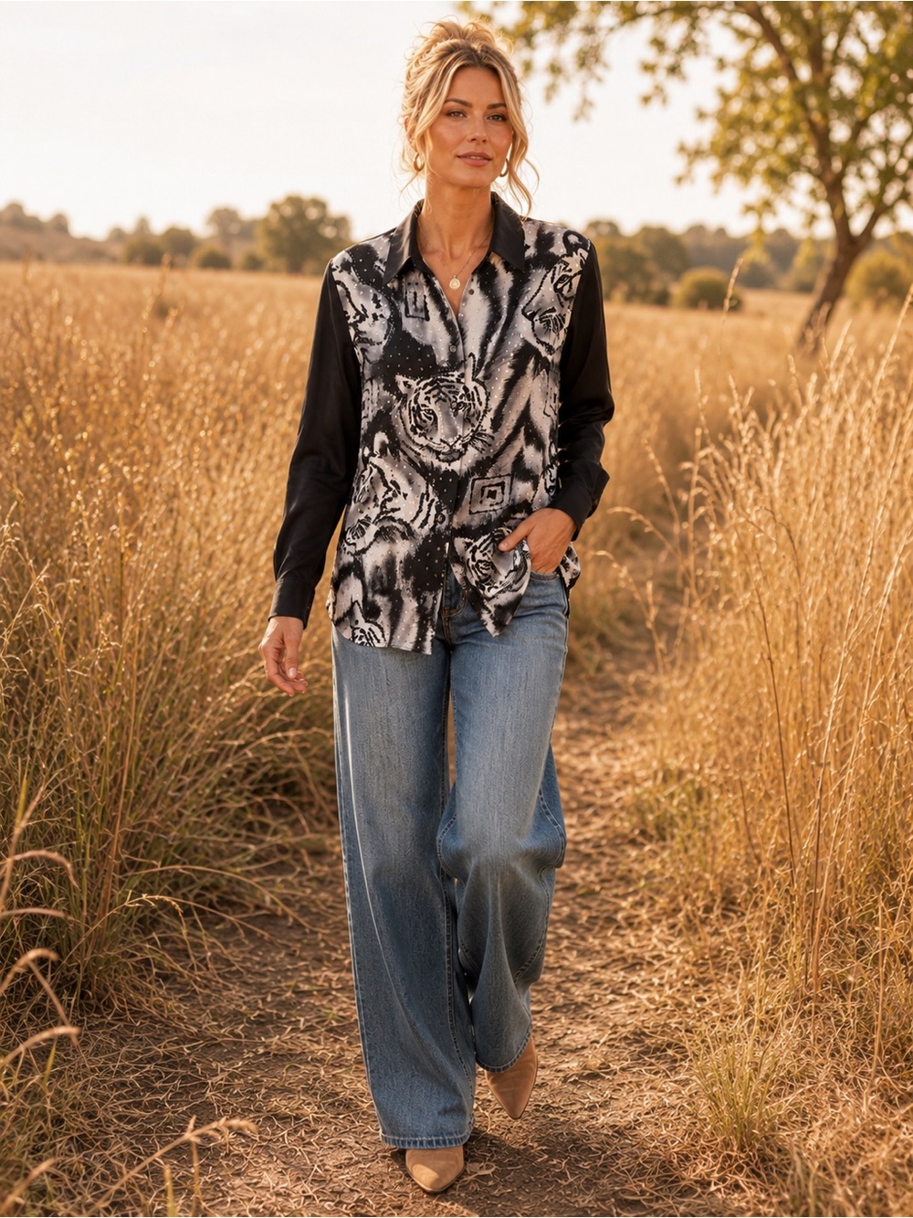 100% Silk Diane Gilman Sequin Embellished Tiger Print Button Down Blouse
